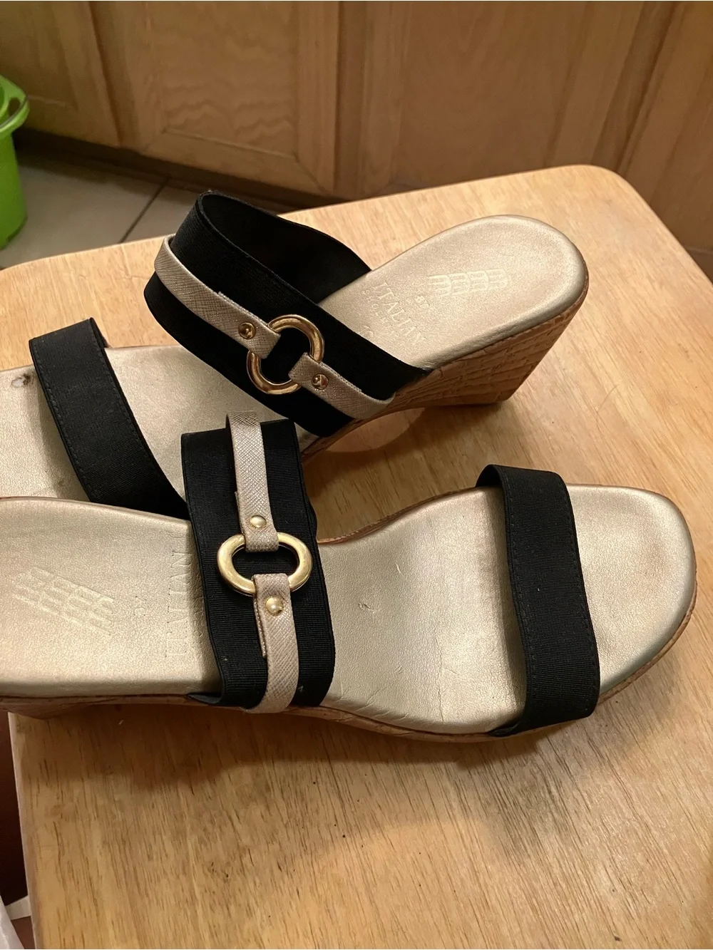 Italian Shoemakers Black and Gold Wedge Slide Mules